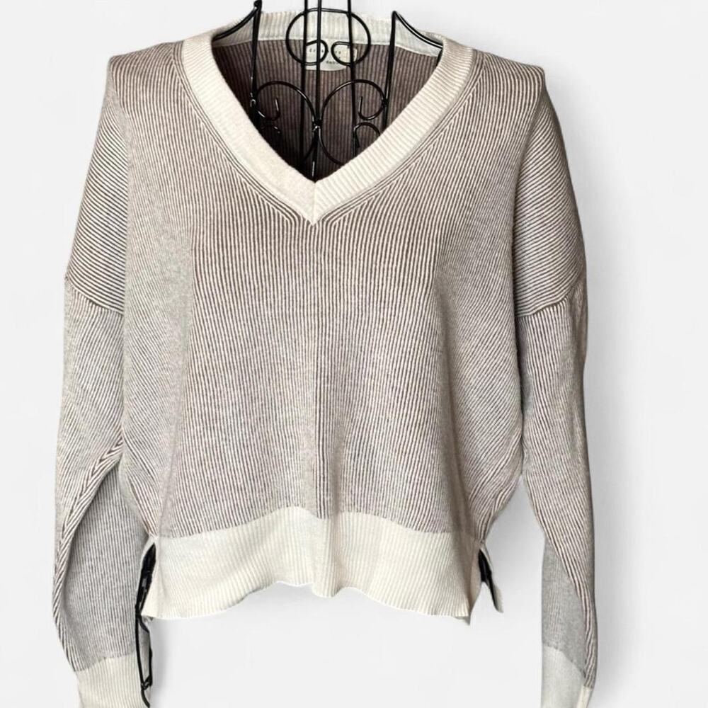 Dreamers by Debut Striped Oversized V-Neck Sweater - Brown & White - Size S